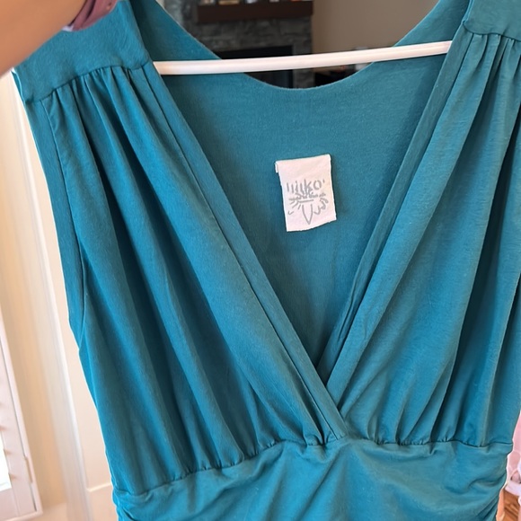 Teal dress 1X EUC soft cotton fit and flare midi v-neck ruching sleeveless - Picture 8 of 8